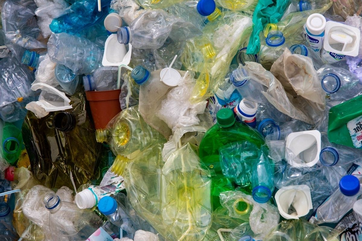 A pile of plastic bottles and other garbage.
