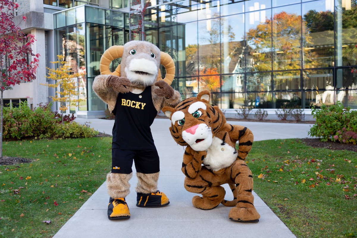 The Dalhousie mascots (a tiger and a ram) posing on campus.