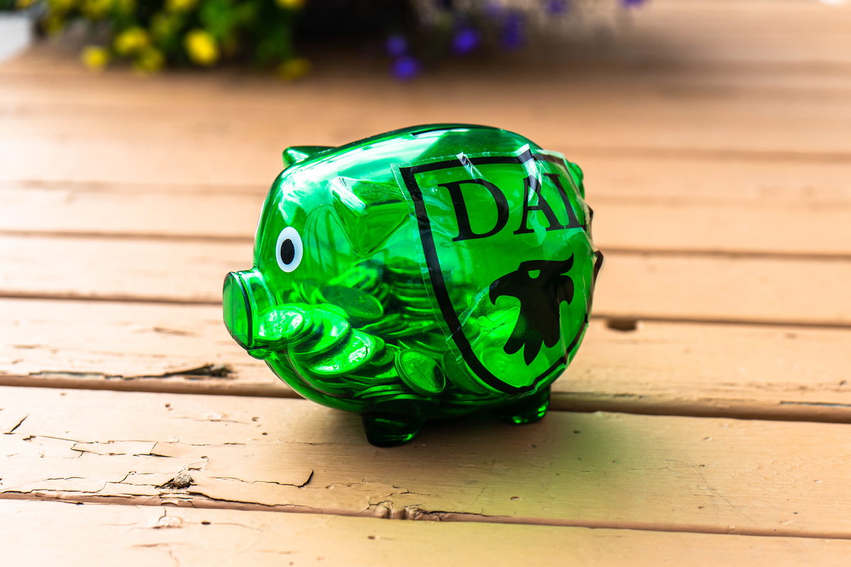A green piggy bank branded with the Dalhousie logo, filled with coins.