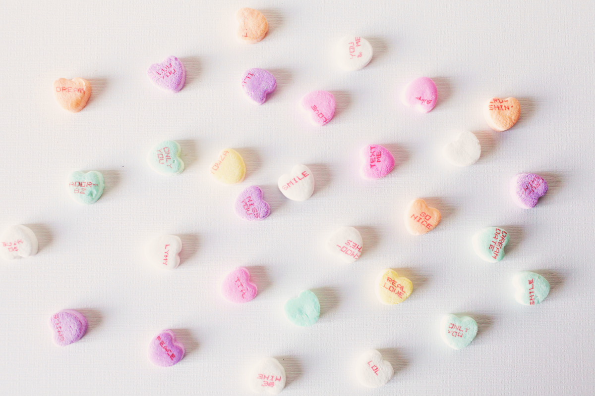 A selection of candy hearts