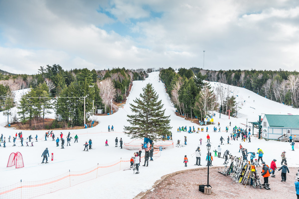 A ski hill covered and snow with many green trees. There are many people populating the hill.