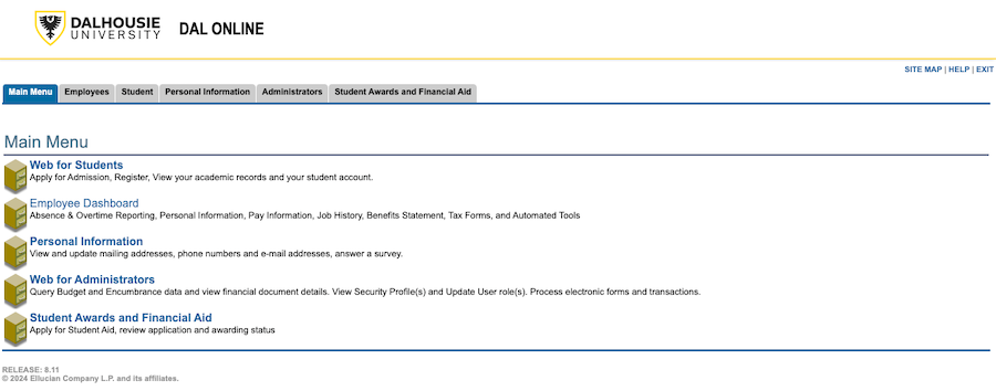 Screenshot of the Dal Online landing page